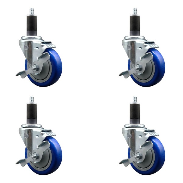 Service Caster 4'' SS Blue Poly Swivel 1-1/4'' Expanding Stem Caster Set with Brake, 4PK SCC-SSEX20S414-PPUB-BLUE-TLB-114-4 - main